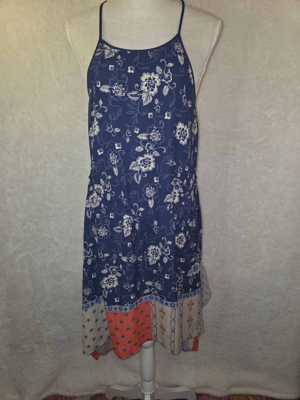 Maurices Navy Floral Patchwork High Neck Swing Dress Boho Whimsey Sundress sz M